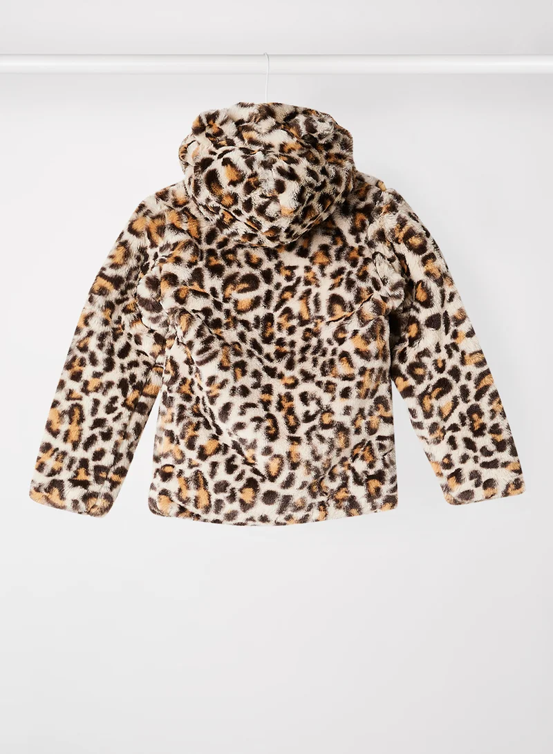 ديركجي Girls Leopard Zip Through Fur Jacket Beige
