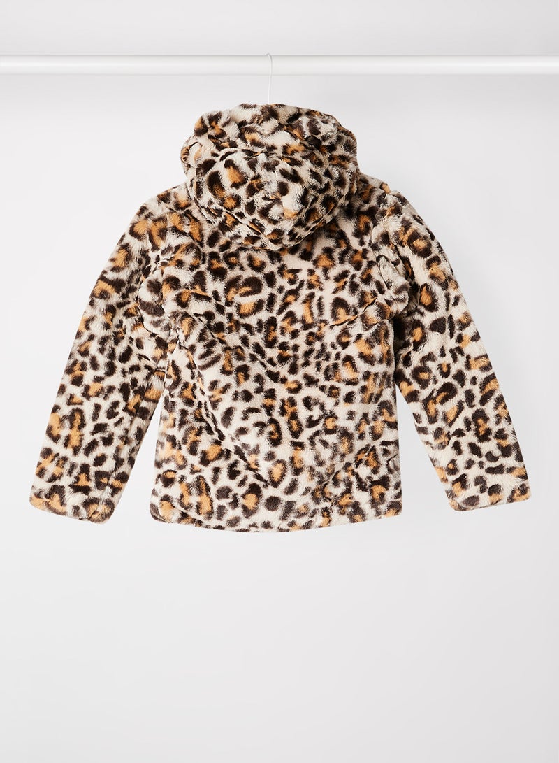 Dirkje - Girls Leopard Zip Through Fur Jacket Beige - Image 1