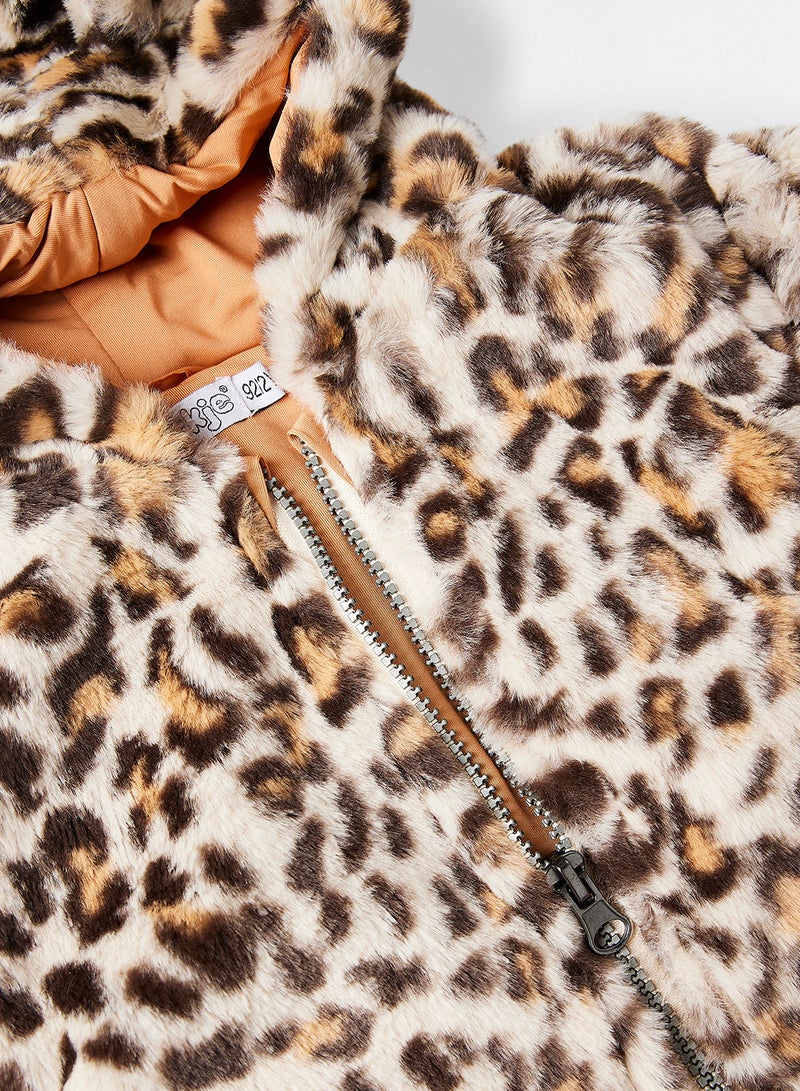 Dirkje - Girls Leopard Zip Through Fur Jacket Beige - Image 1