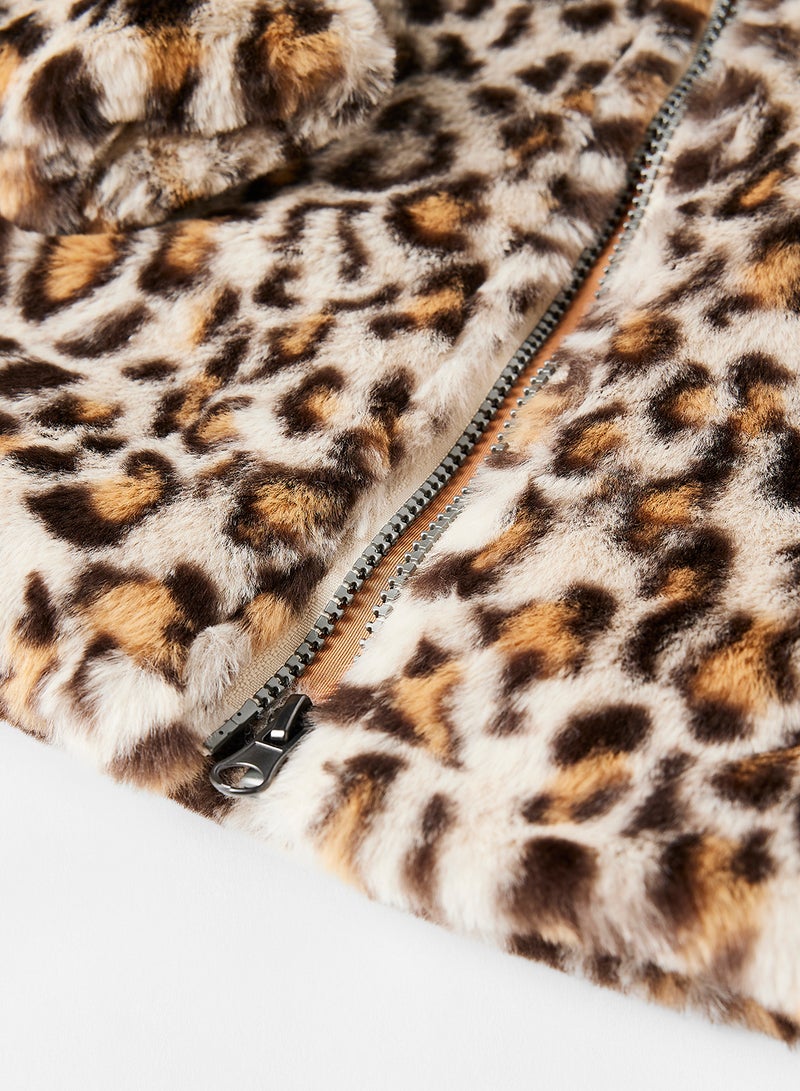 Dirkje - Girls Leopard Zip Through Fur Jacket Beige - Image 1