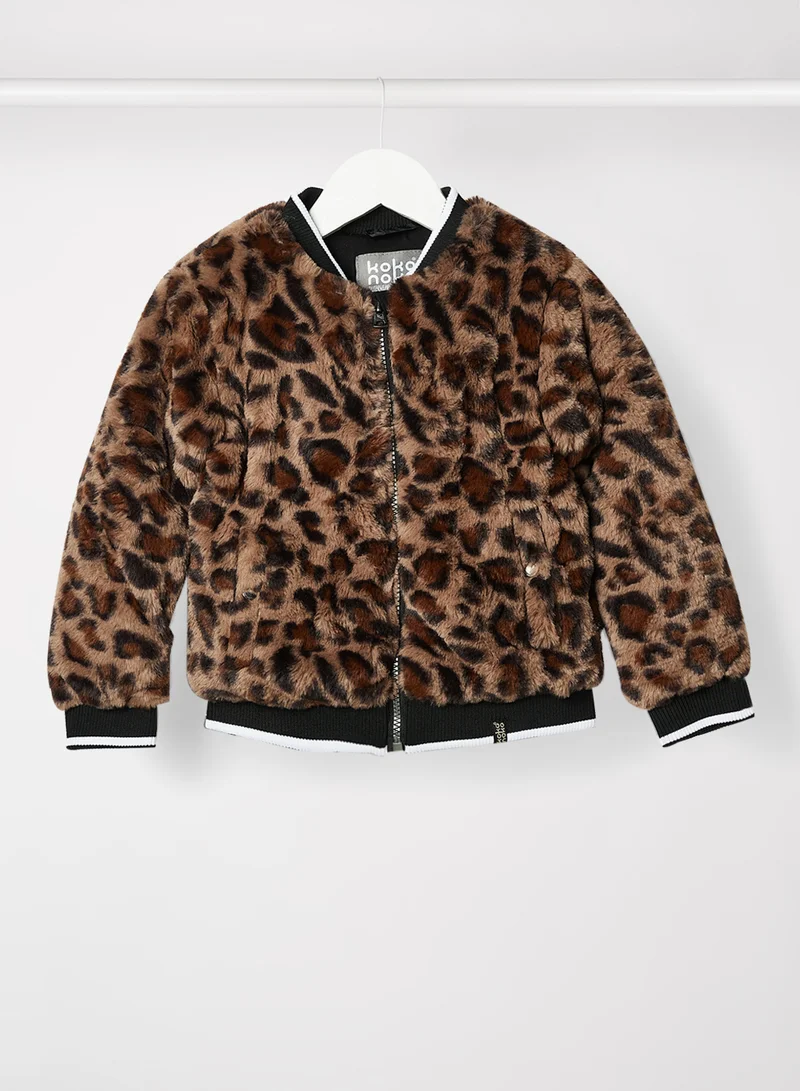 كوكو نوكو Girls Animal Print Fur Jacket Brown