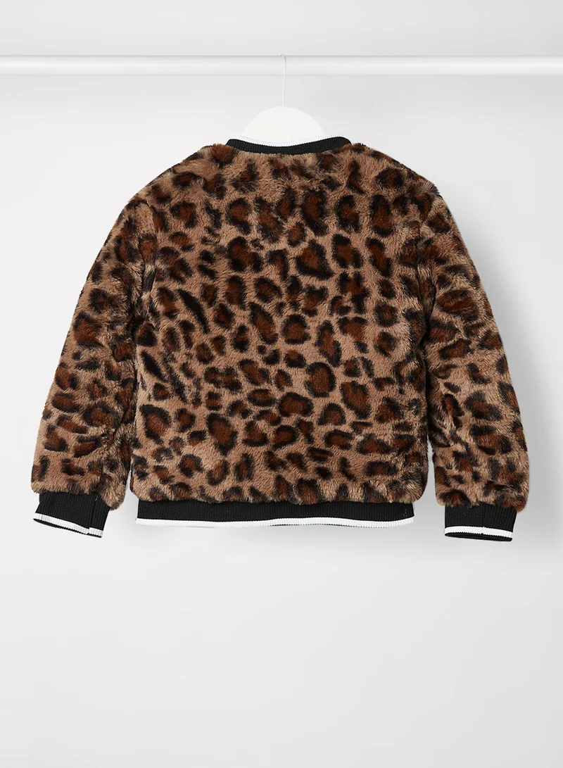 كوكو نوكو Girls Animal Print Fur Jacket Brown