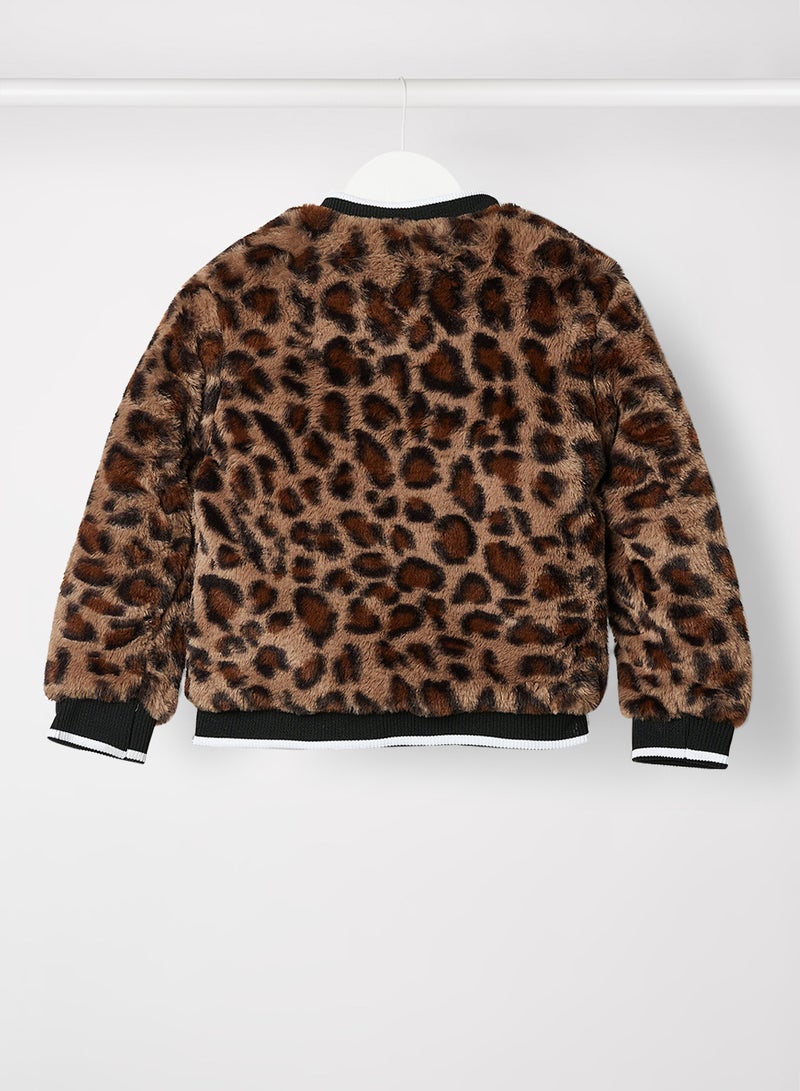 koko noko - Girls Animal Print Fur Jacket Brown - Image 1