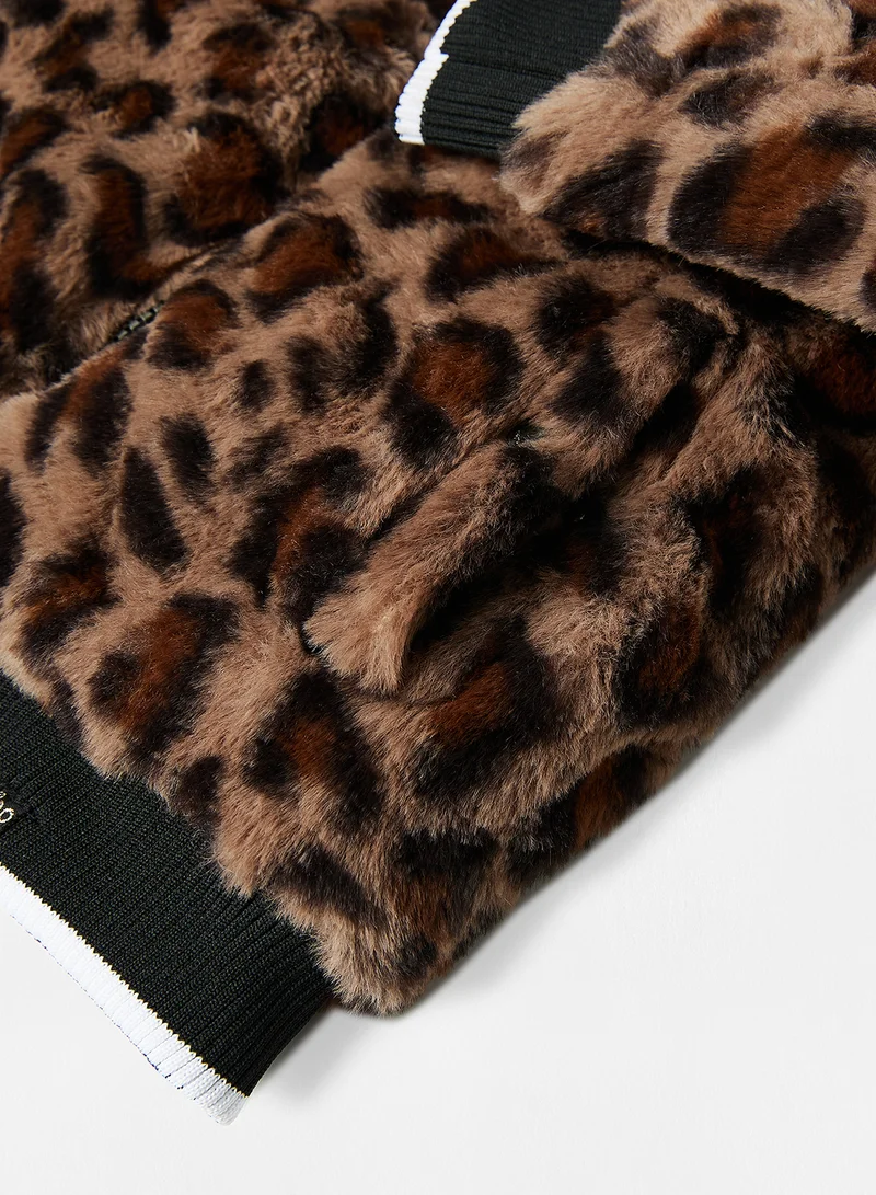 كوكو نوكو Girls Animal Print Fur Jacket Brown