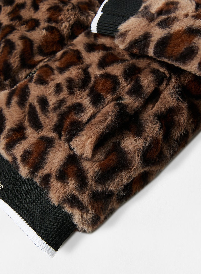 koko noko - Girls Animal Print Fur Jacket Brown - Image 1