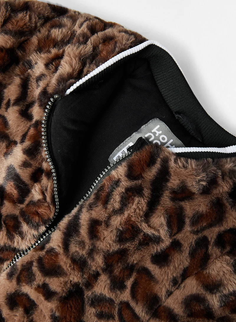 كوكو نوكو Girls Animal Print Fur Jacket Brown
