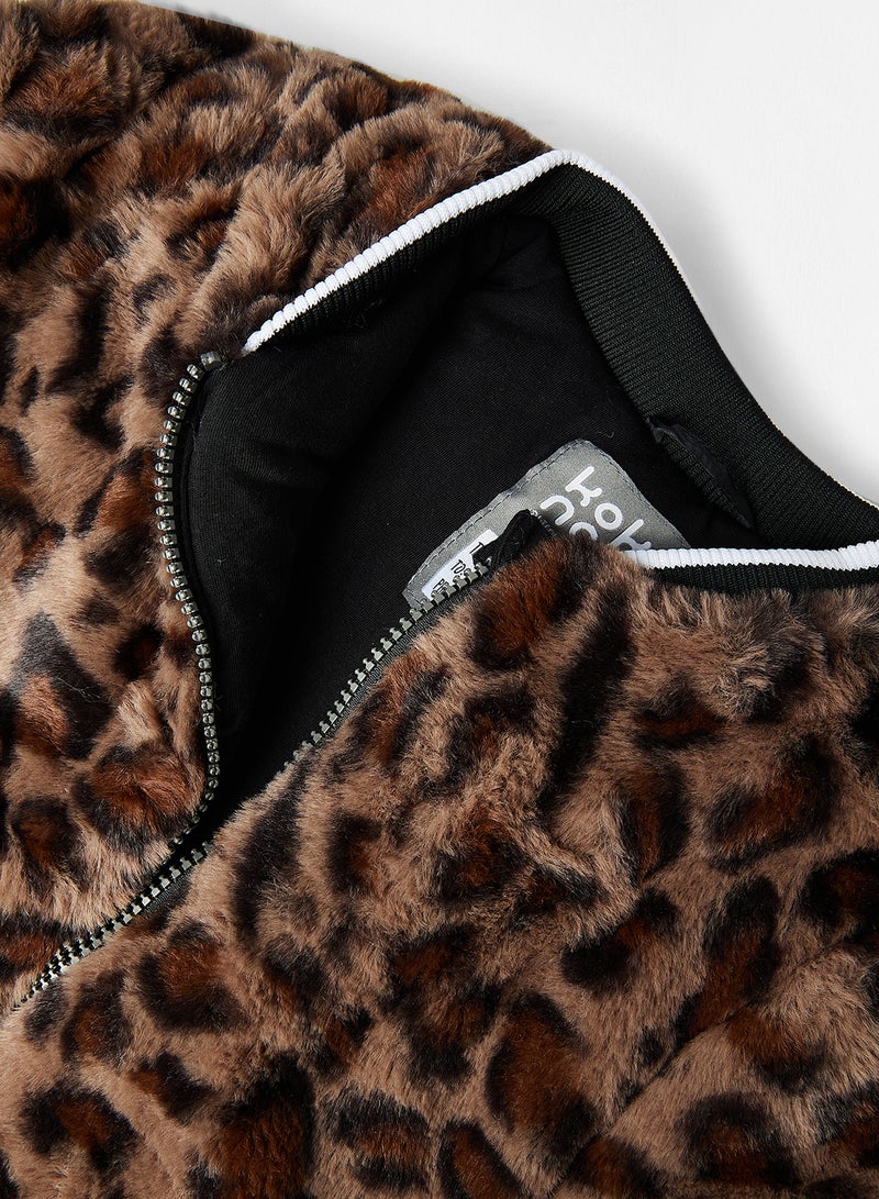 koko noko - Girls Animal Print Fur Jacket Brown - Image 1