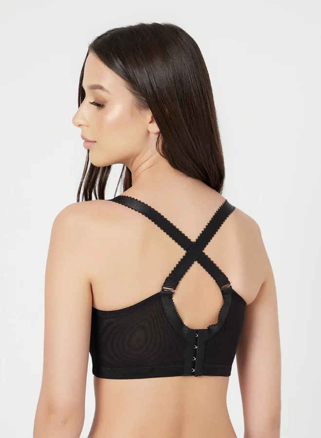 Closet By Styli Padded Non Wired Floral Lace and Mesh Full Cup Bra Black