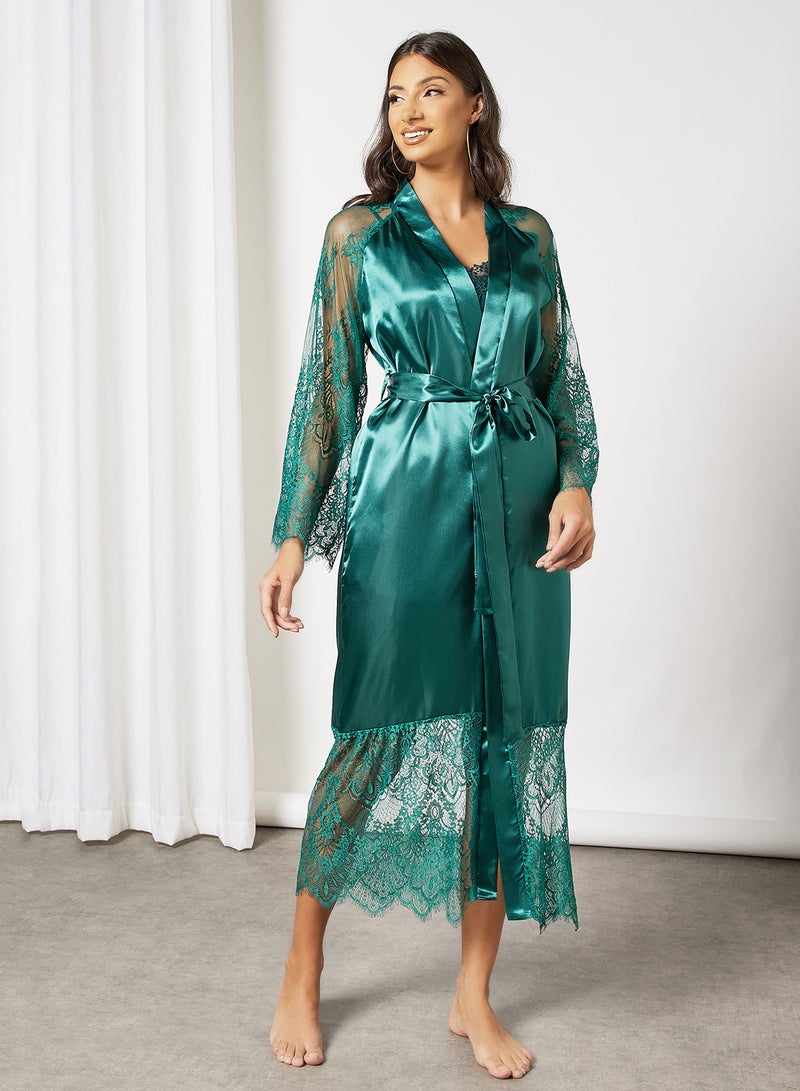 STYLISTPARK Lace Trim Belted Robe Green - Image 1