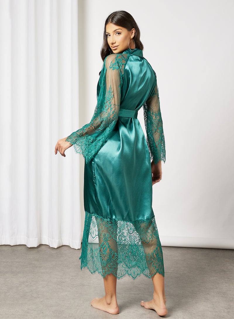 STYLISTPARK Lace Trim Belted Robe Green - Image 2
