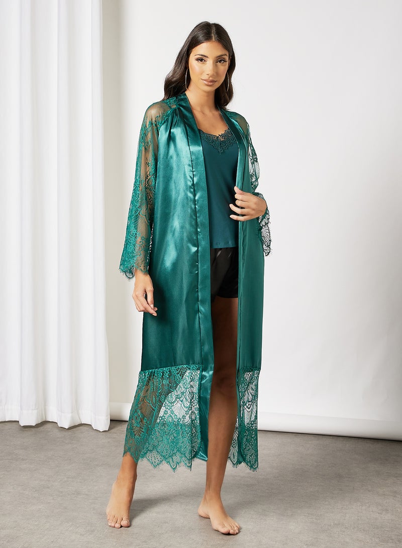 STYLISTPARK Lace Trim Belted Robe Green - Image 3