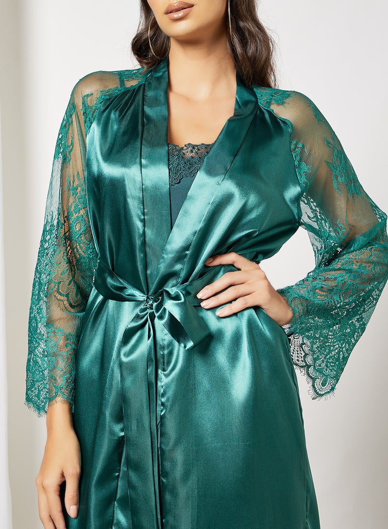 STYLISTPARK Lace Trim Belted Robe Green - Image 4