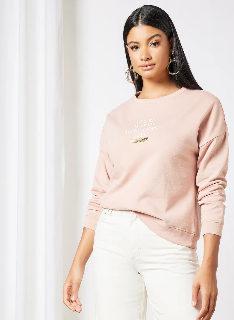 I.Scenery Basic Text Print Sweatshirt Pink