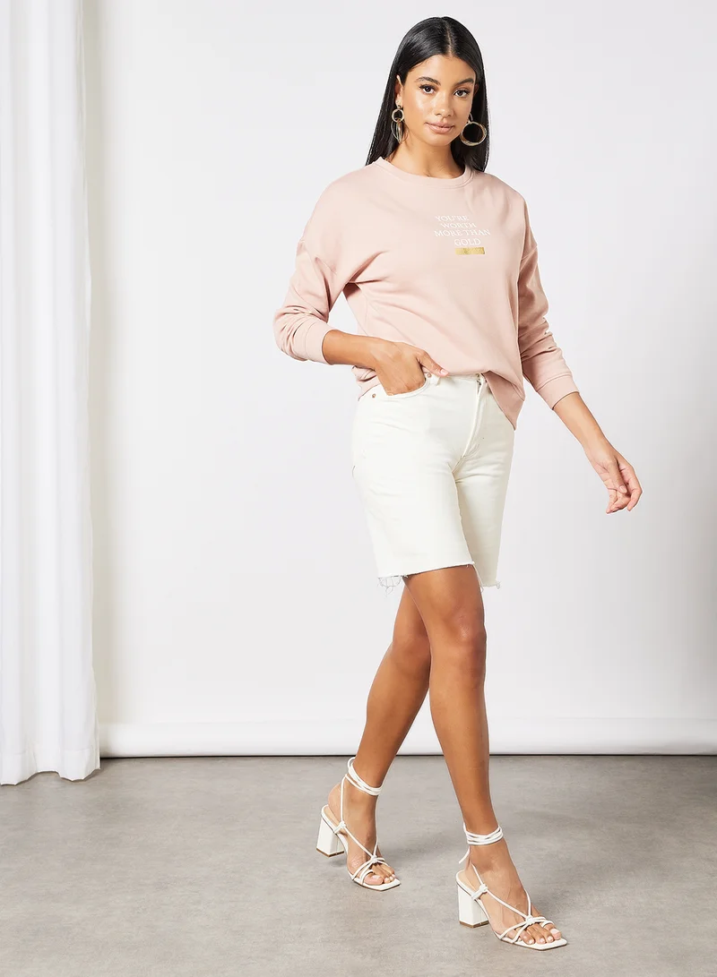 I.Scenery Basic Text Print Sweatshirt Pink