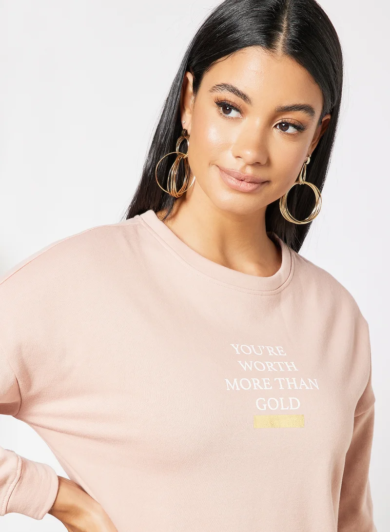 I.Scenery Basic Text Print Sweatshirt Pink