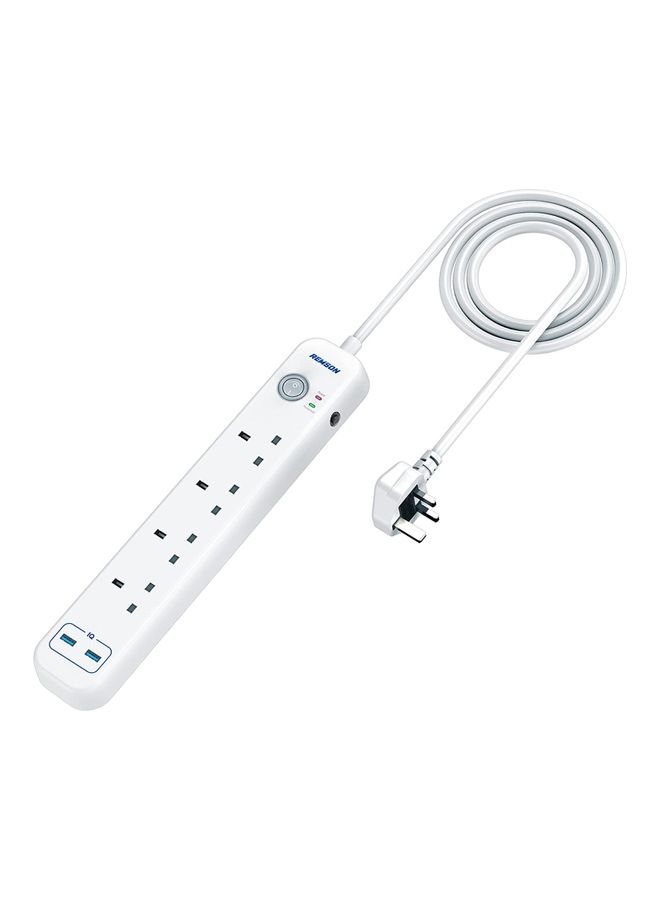 Remson - 6 Way 2 USB Ports + 4 AC Outlets Fast Charging Surge Protection 13A Power Strip Extension Cord White 33x6x3cm - Image 1