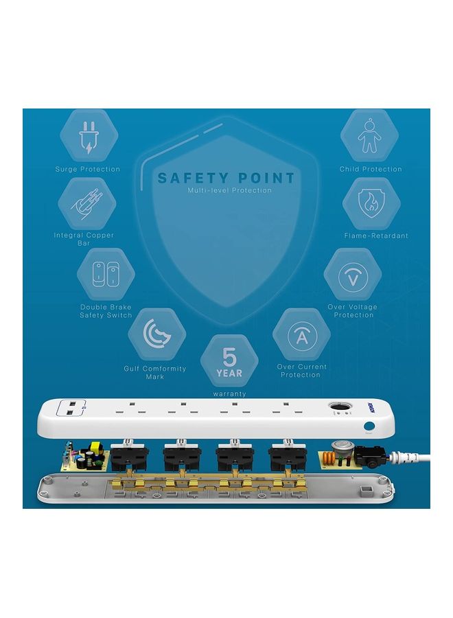Remson - 6 Way 2 USB Ports + 4 AC Outlets Fast Charging Surge Protection 13A Power Strip Extension Cord White 33x6x3cm - Image 1