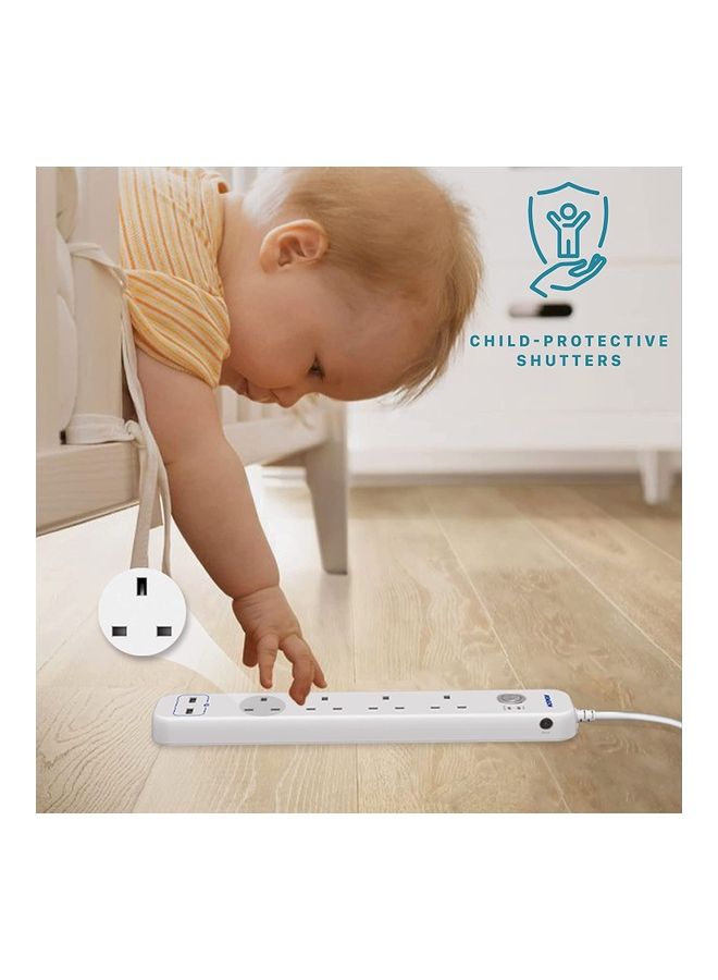 Remson - 6 Way 2 USB Ports + 4 AC Outlets Fast Charging Surge Protection 13A Power Strip Extension Cord White 33x6x3cm - Image 1
