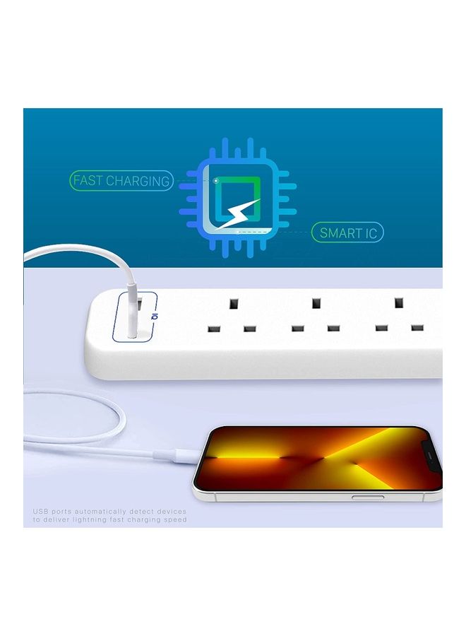 Remson - 6 Way 2 USB Ports + 4 AC Outlets Fast Charging Surge Protection 13A Power Strip Extension Cord White 33x6x3cm - Image 1