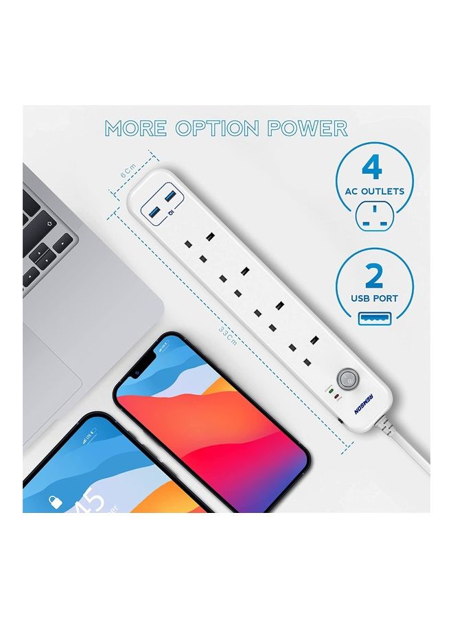 Remson - 6 Way 2 USB Ports + 4 AC Outlets Fast Charging Surge Protection 13A Power Strip Extension Cord White 33x6x3cm - Image 1