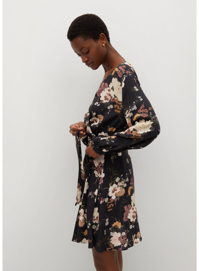 MANGO - Floral Printed Long Sleeve Wrap Mini Dress Multicolour - Image 1