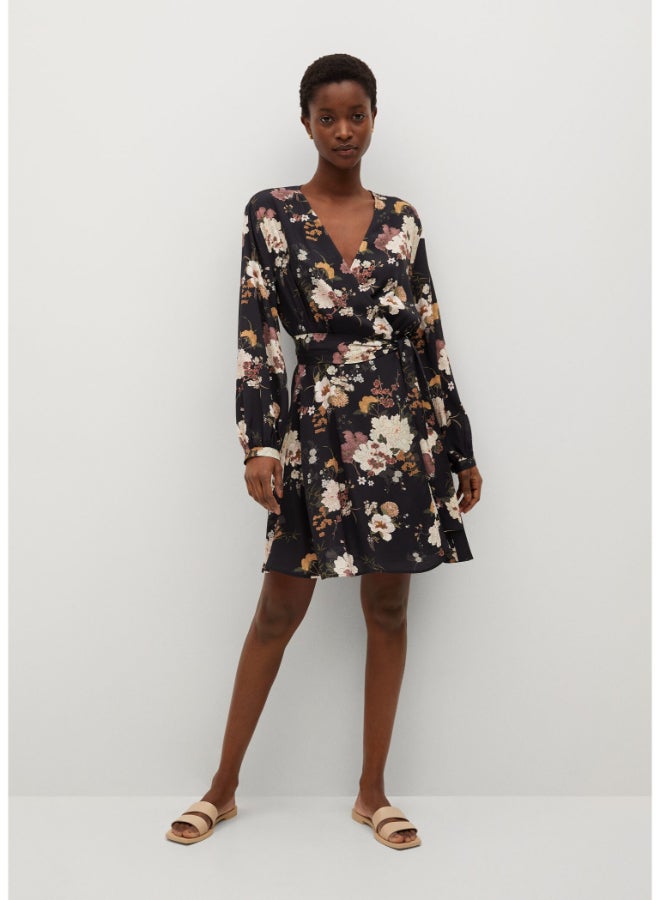 MANGO - Floral Printed Long Sleeve Wrap Mini Dress Multicolour - Image 1