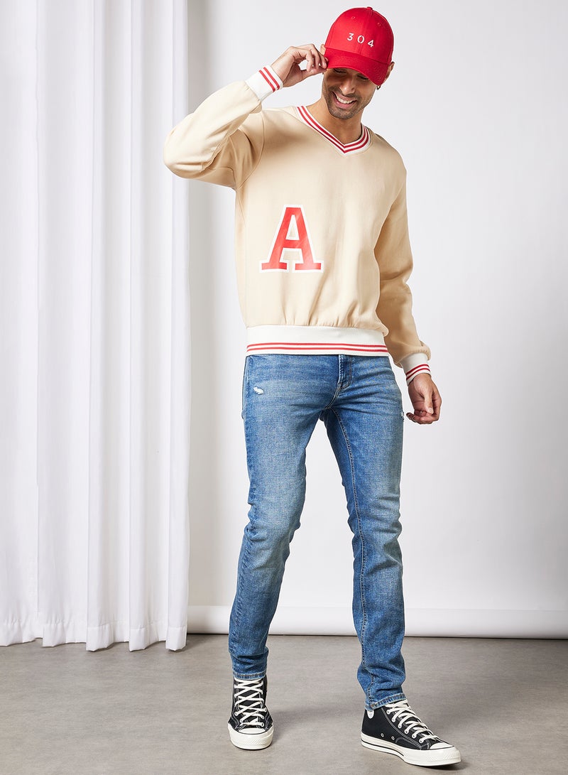 JACK & JONES - Contrast Stripe Pullover Ivory - Image 1