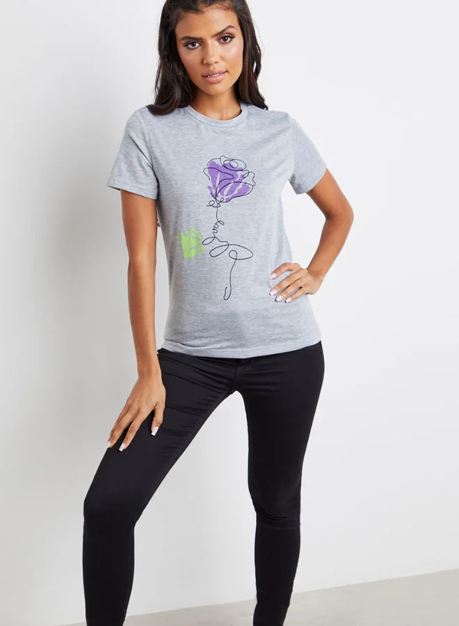 Closet By Styli Flower Drawing Graphic Print T-Shirt Grey/Purple/Black