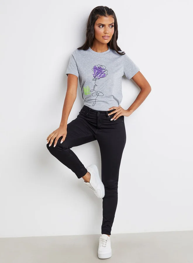 Closet By Styli Flower Drawing Graphic Print T-Shirt Grey/Purple/Black