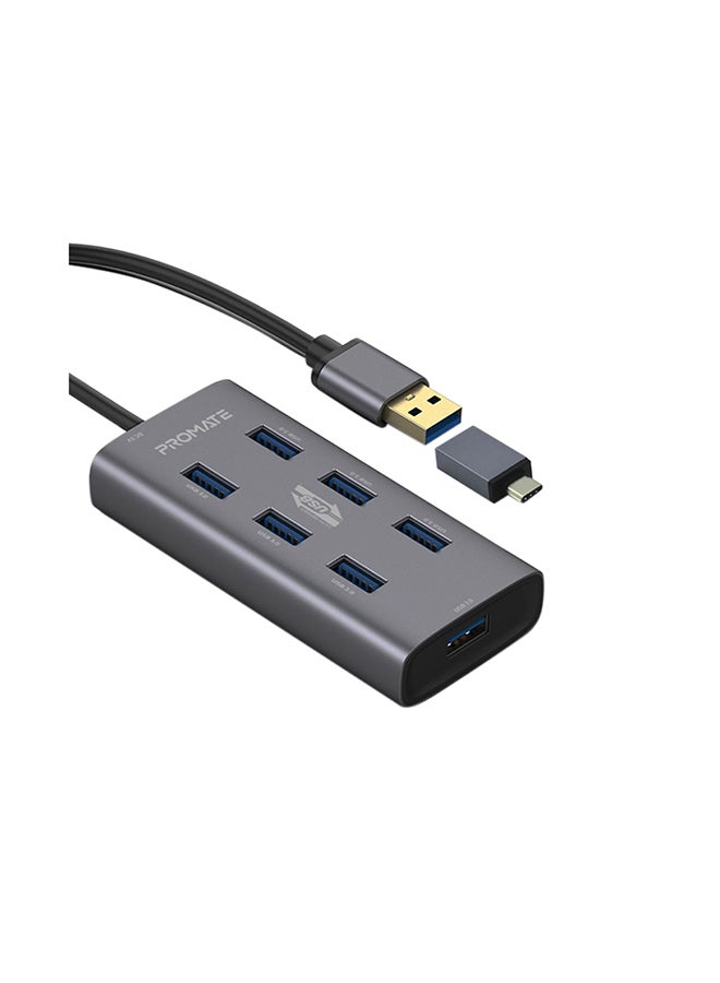 PROMATE - 7 Port USB 3.0 Hub, Portable Aluminium Alloy Port USB 3.0 Powered Hub with 5Gbps Data Transfer and USB-C Power Adapter for MacBook, iMac, Laptop, USB Flash Drive, HDD Hard Drive, EZHub-7 Grey - Image 1