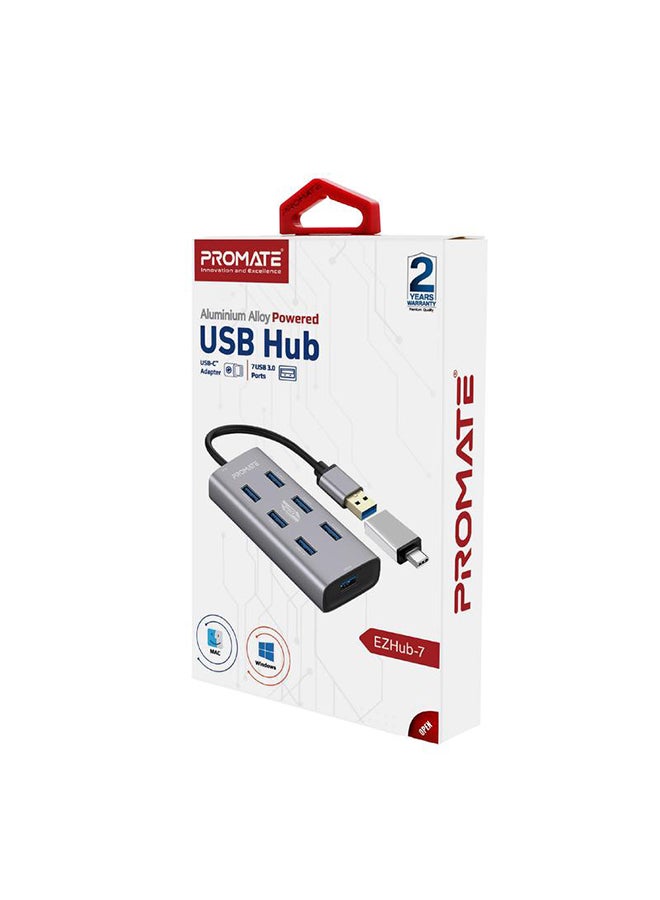 PROMATE - 7 Port USB 3.0 Hub, Portable Aluminium Alloy Port USB 3.0 Powered Hub with 5Gbps Data Transfer and USB-C Power Adapter for MacBook, iMac, Laptop, USB Flash Drive, HDD Hard Drive, EZHub-7 Grey - Image 1