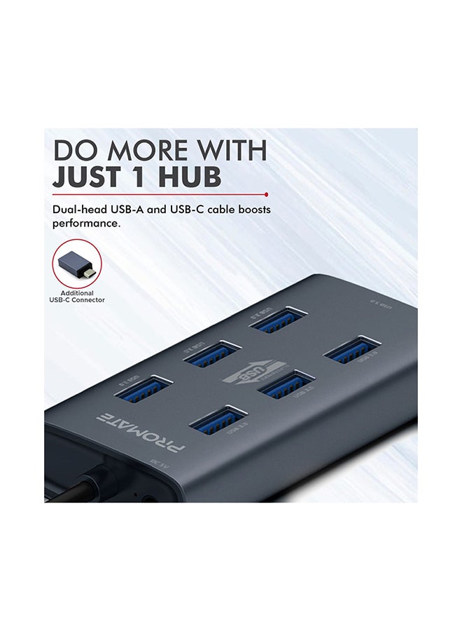 PROMATE - 7 Port USB 3.0 Hub, Portable Aluminium Alloy Port USB 3.0 Powered Hub with 5Gbps Data Transfer and USB-C Power Adapter for MacBook, iMac, Laptop, USB Flash Drive, HDD Hard Drive, EZHub-7 Grey - Image 1