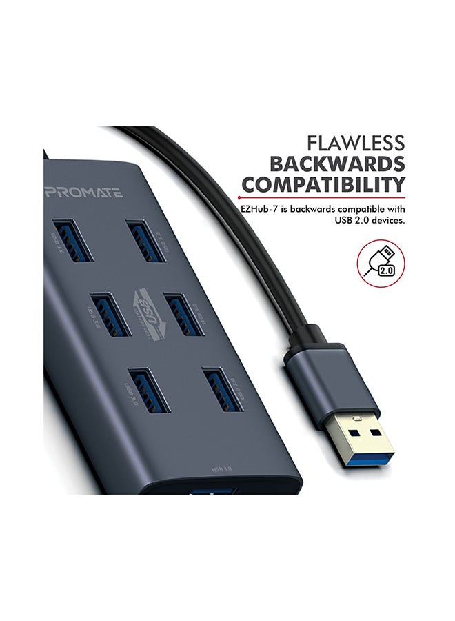 PROMATE - 7 Port USB 3.0 Hub, Portable Aluminium Alloy Port USB 3.0 Powered Hub with 5Gbps Data Transfer and USB-C Power Adapter for MacBook, iMac, Laptop, USB Flash Drive, HDD Hard Drive, EZHub-7 Grey - Image 1