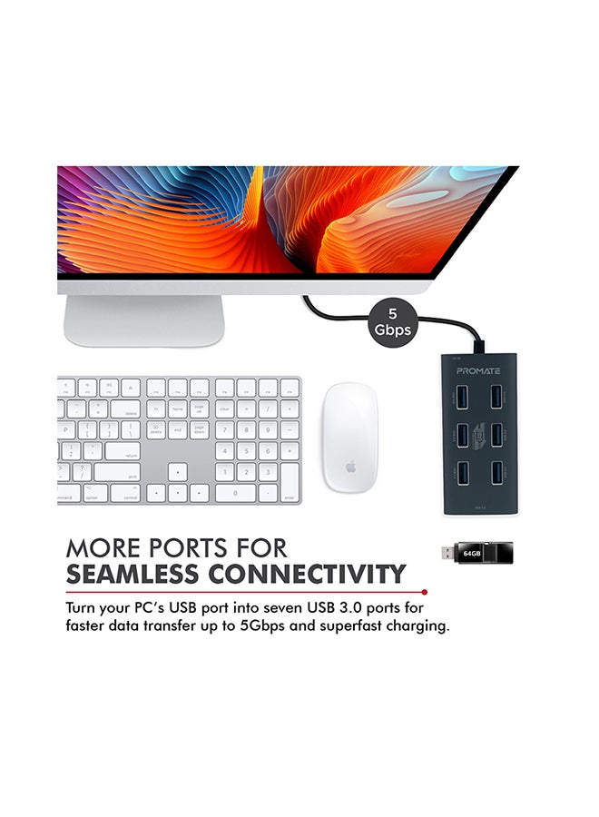 PROMATE - 7 Port USB 3.0 Hub, Portable Aluminium Alloy Port USB 3.0 Powered Hub with 5Gbps Data Transfer and USB-C Power Adapter for MacBook, iMac, Laptop, USB Flash Drive, HDD Hard Drive, EZHub-7 Grey - Image 1
