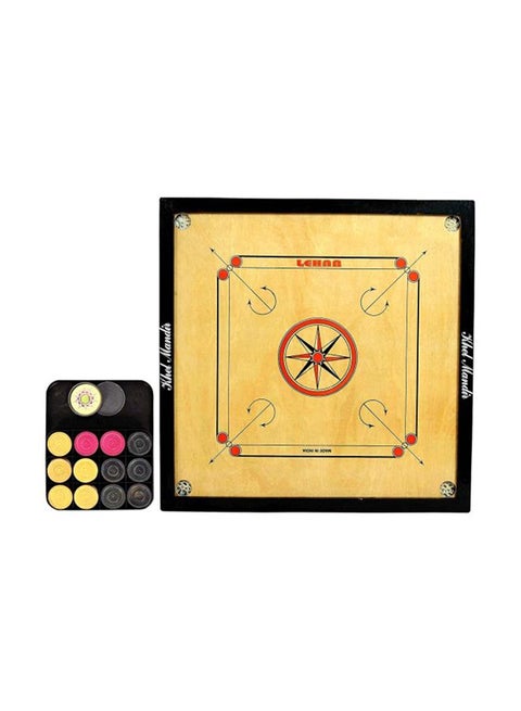 Wooden Carrom Board Game And Coins Set With Unique Details Round Pockets Indoor