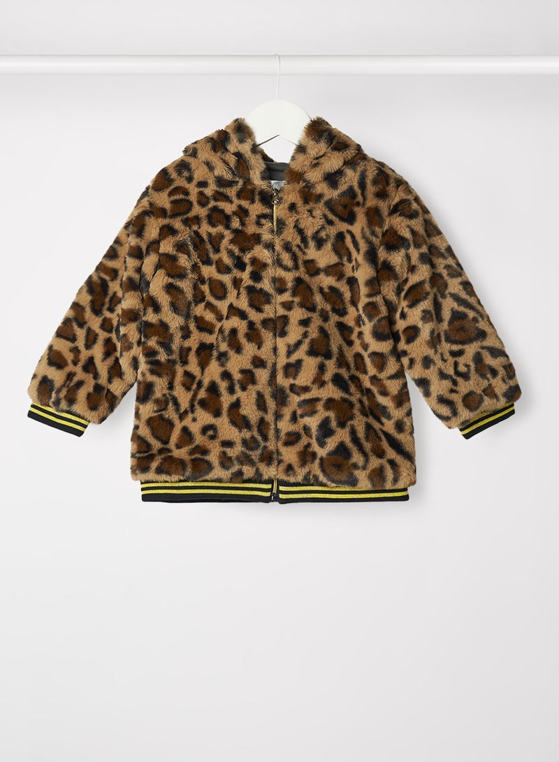 Babybol - Baby Boys Leopard Hooded Fur Jacket Brown - Image 1