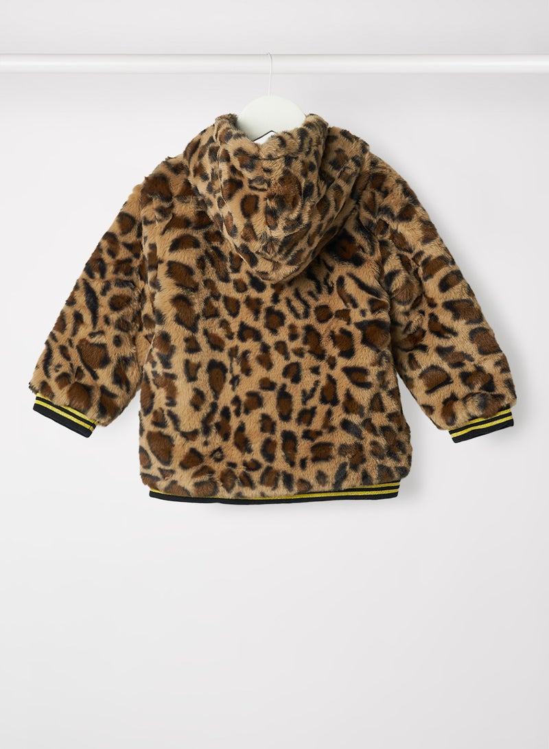 Babybol - Baby Boys Leopard Hooded Fur Jacket Brown - Image 1