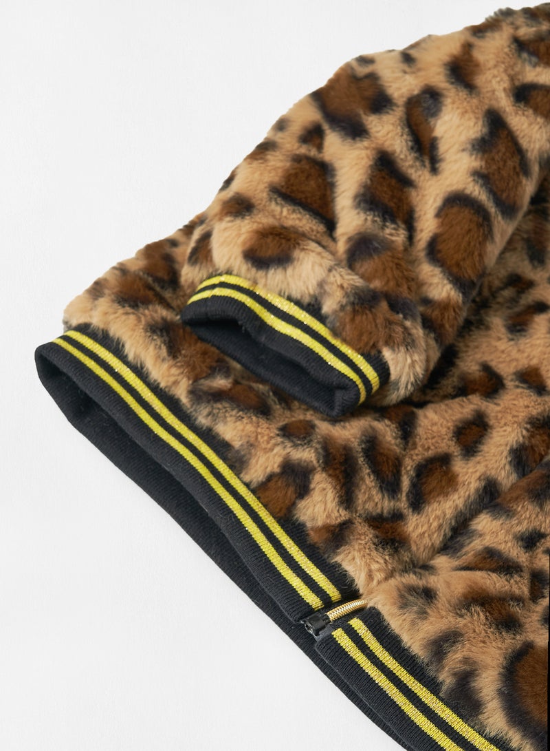 Babybol - Baby Boys Leopard Hooded Fur Jacket Brown - Image 1