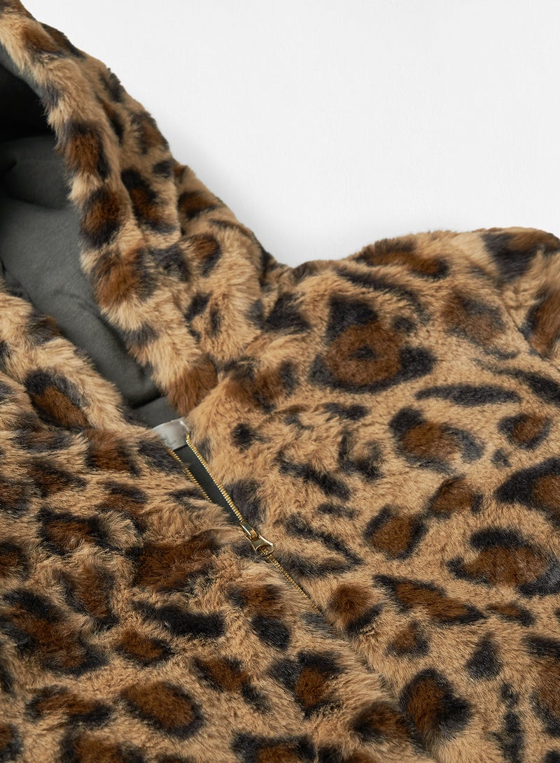 Babybol - Baby Boys Leopard Hooded Fur Jacket Brown - Image 1