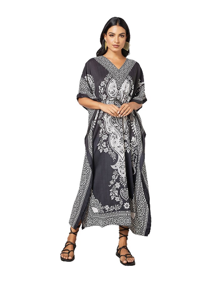 COUTURE BY RABIA Drawstring Waist Printed Kaftan Dress Black/White - Image 1
