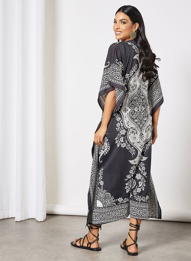 COUTURE BY RABIA Drawstring Waist Printed Kaftan Dress Black/White - Image 2