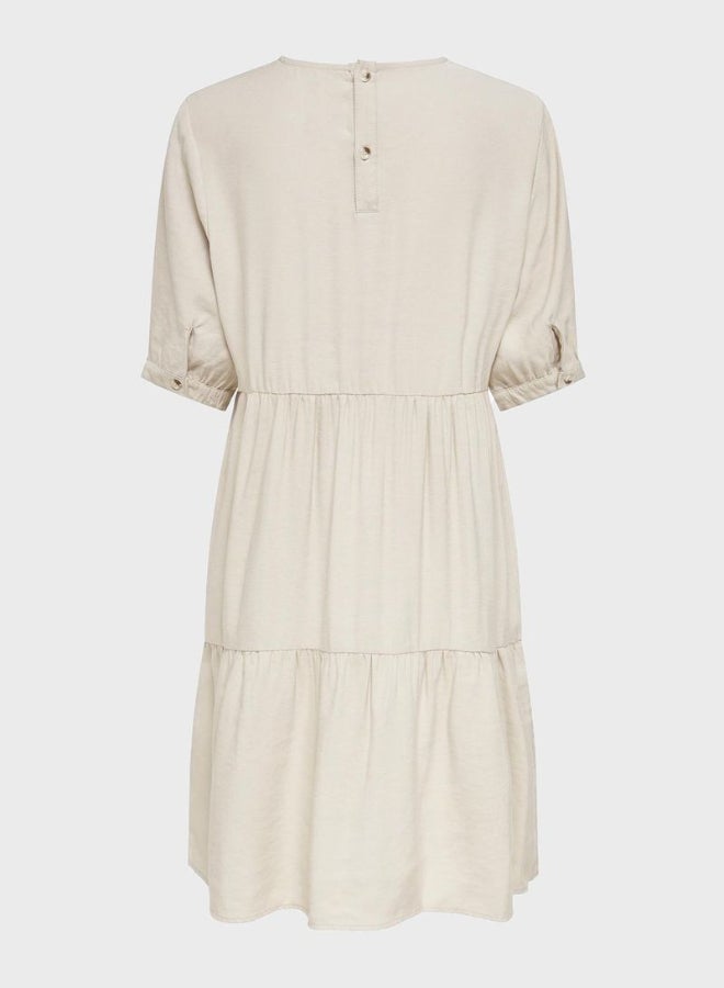 ONLY Tiered Hem Puff Sleeves Round Neck Dress Beige - Image 2