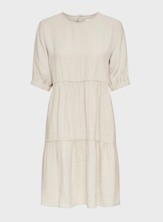 ONLY Tiered Hem Puff Sleeves Round Neck Dress Beige - Image 1