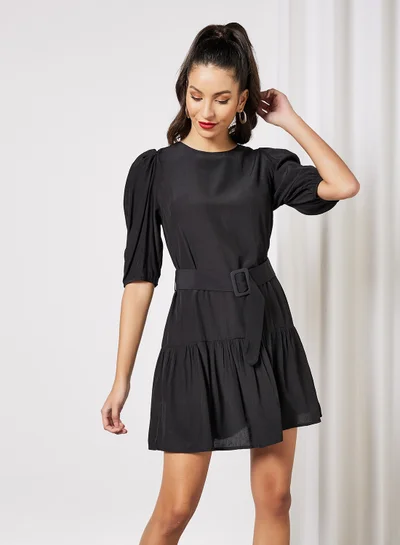 LABEL RAIL Puff Sleeve Belted Dress Black