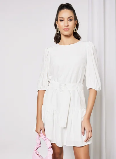 LABEL RAIL Puff Sleeve Belted Dress White