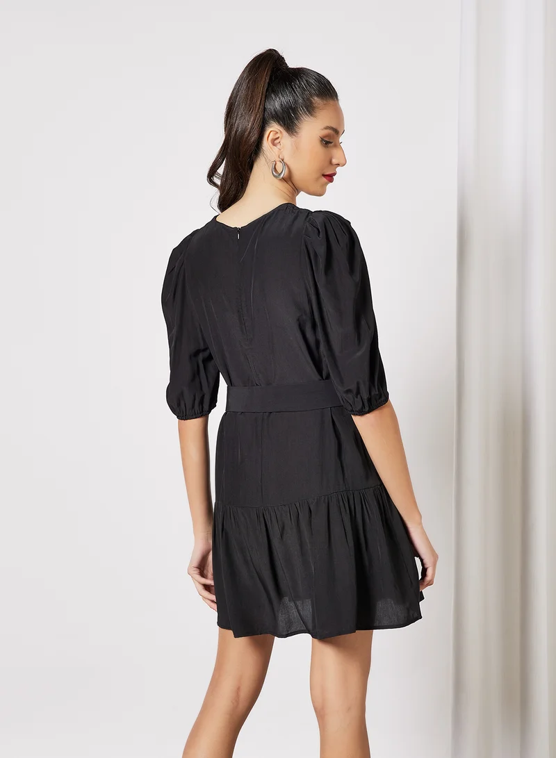 LABEL RAIL Belted Tiered Dress Black