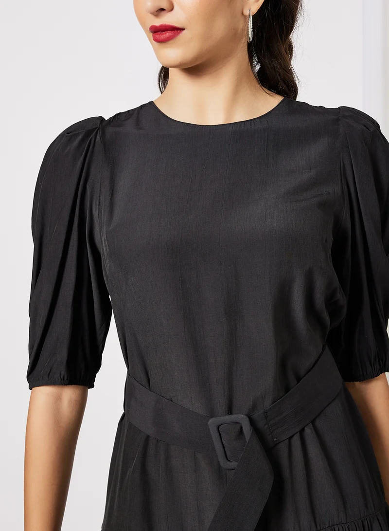 LABEL RAIL Belted Tiered Dress Black