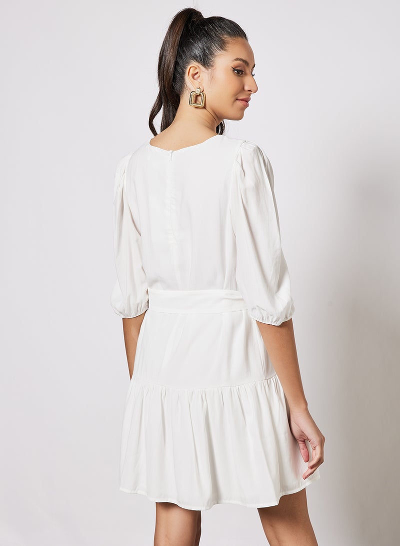 Puff Sleeve Belted Dress White