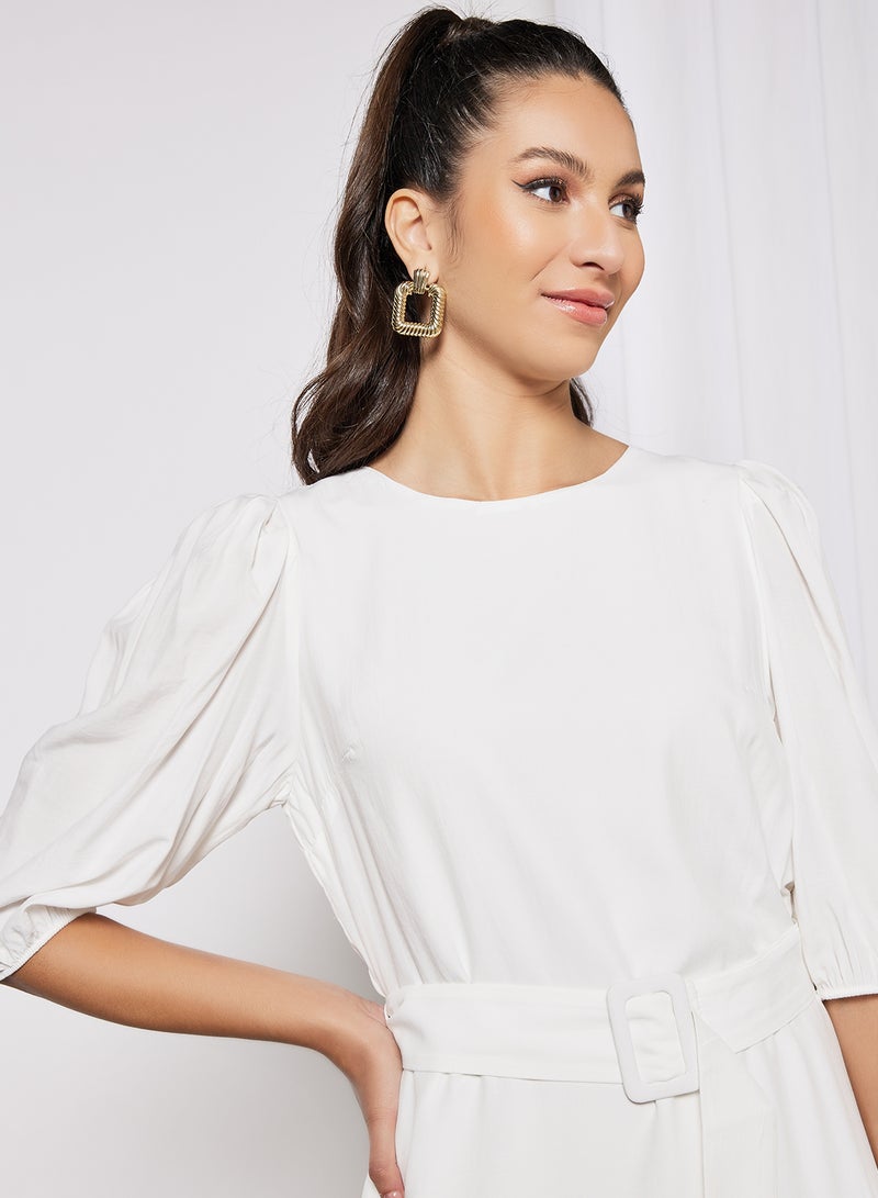 Puff Sleeve Belted Dress White