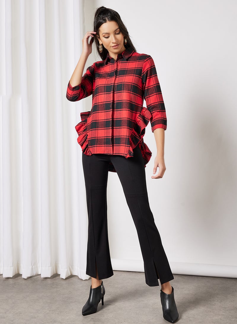 Plaid Print Ruffle Detail Shirt Black/Red - v1637135464/N48068089V_2